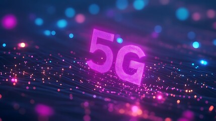 A vibrant graphic representation of 5G technology with glowing elements and a digital network background.