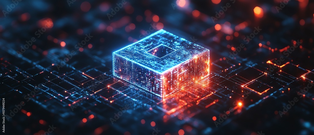 Poster 3d digital blue closed padlock representing cyber data confidentiality, glowing squares and triangle