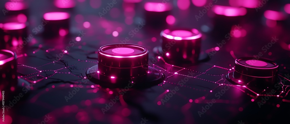 Poster 3d node system software with pink node buttons on dark tech background, world map contour, glowing l