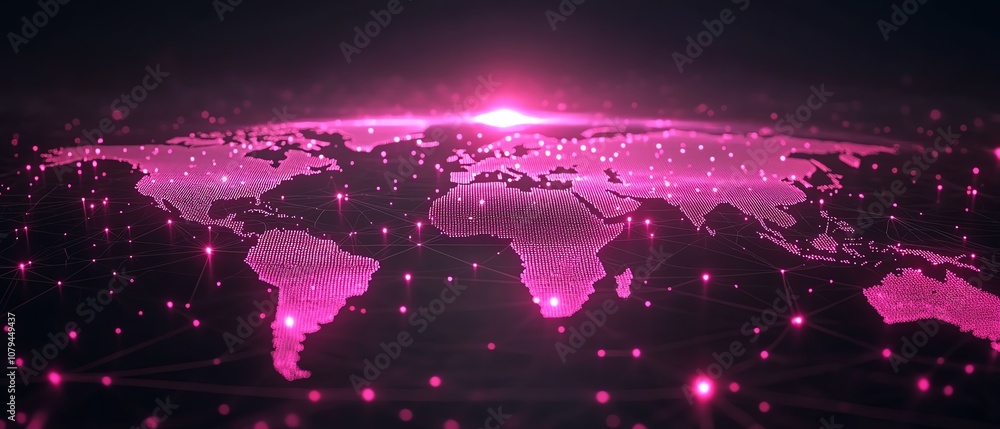 Poster 3d node system software with pink node buttons on dark tech background, world map contour, glowing l