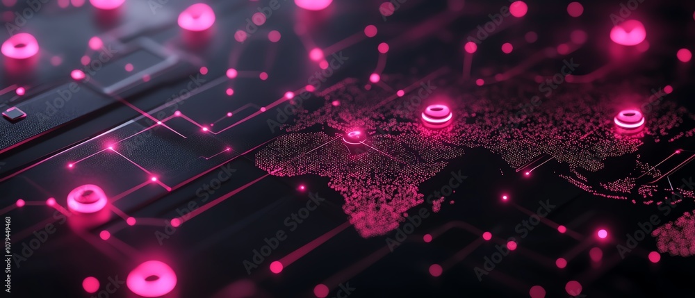 Poster 3d node system software with pink node buttons on dark tech background, world map contour, glowing l