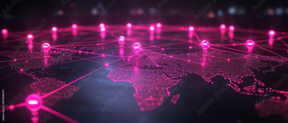 Poster 3d node system software with pink node buttons on dark tech background, world map contour, glowing l