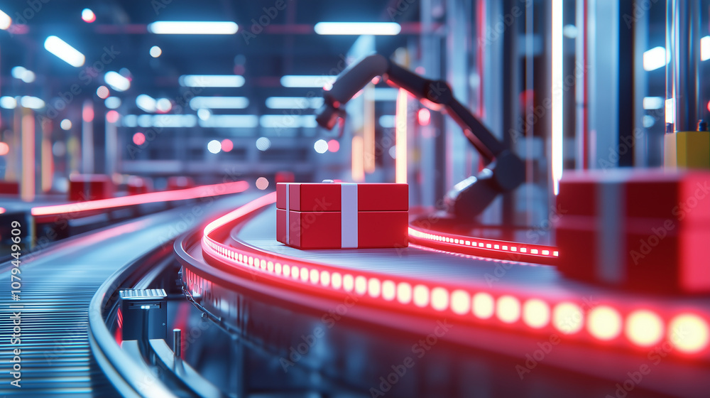 Poster automated conveyor system in warehouse with red packages and robotics