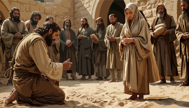 Gospel Images from the Bible NT - Jesus writes in the sand concerning stoning of adulterous Woman
