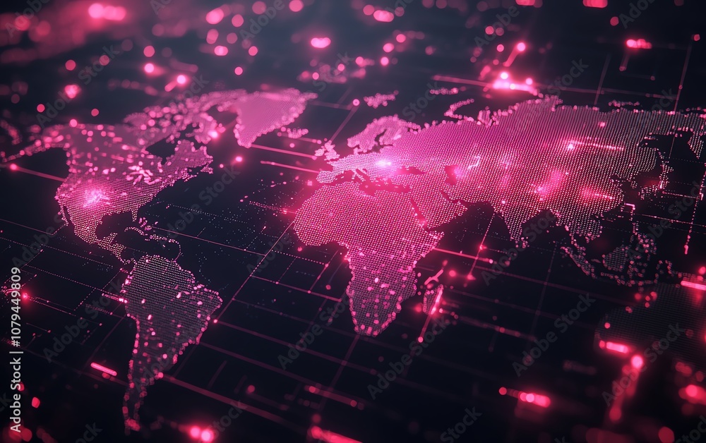 Poster 3d rendering of node system software, pink node buttons on dark tech interface with glowing light sp