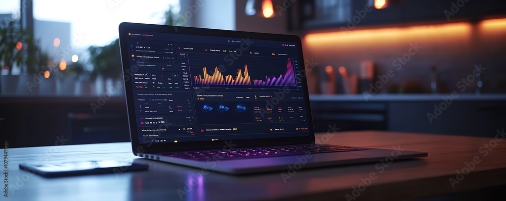 Poster advanced digital business dashboard with data charts and graphs, blurred laptop in background, techn