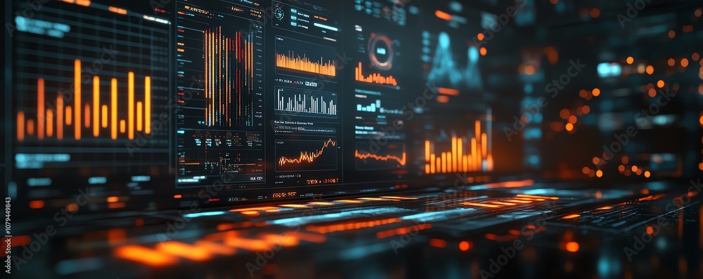 Poster advanced digital business dashboard with data charts and graphs, blurred laptop in background, techn