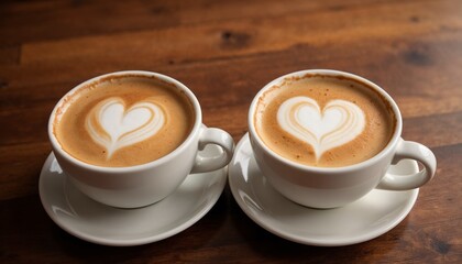 Obraz premium Two coffee cups background – Cozy white cups with heart-shaped foam on wooden table