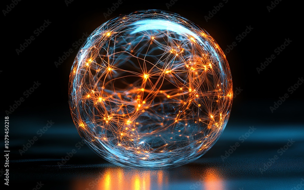 Poster concept of global internet technology, glowing globe with intricate orbiting circles, dark backgroun