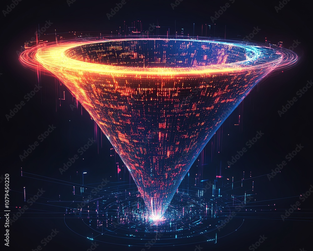 Poster business intelligence and big data concept, 3d digital glowing funnel with flowing data indicators, 