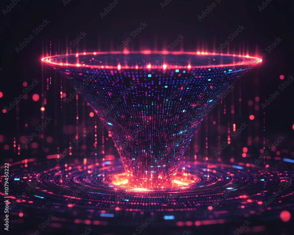 Poster business intelligence and big data concept, 3d digital glowing funnel with flowing data indicators, 