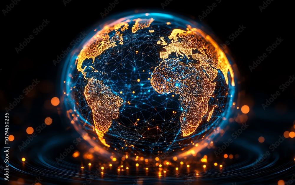 Poster concept of global internet technology, glowing globe with intricate orbiting circles, dark backgroun