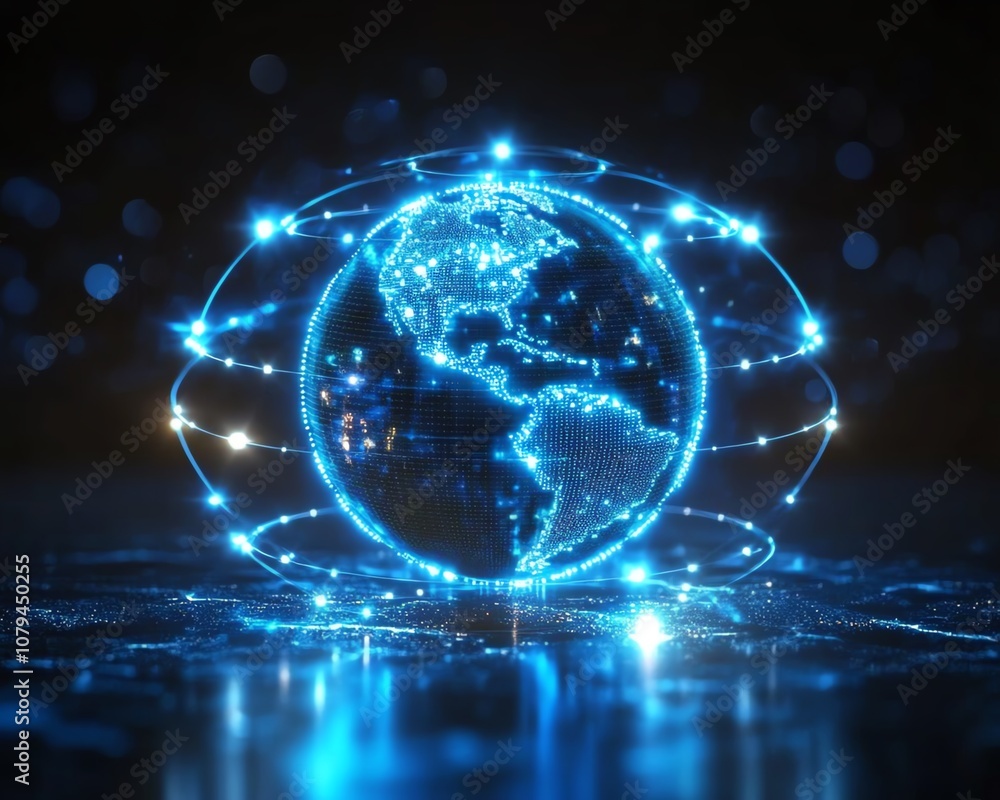 Poster concept of internet and global telecommunication technology with digital globe surrounded by orbits,
