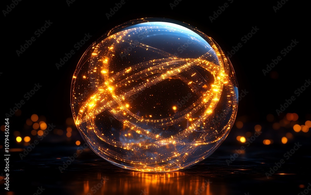 Poster concept of global internet technology, glowing globe with intricate orbiting circles, dark backgroun