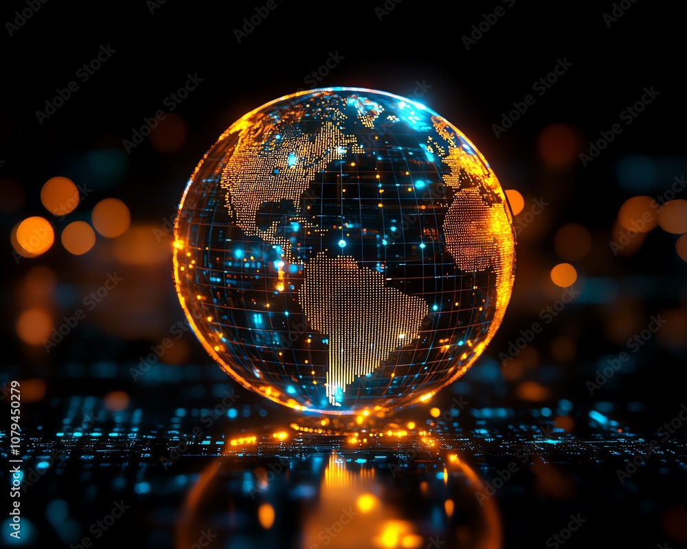 Poster concept of internet and global telecommunication technology with digital globe surrounded by orbits,