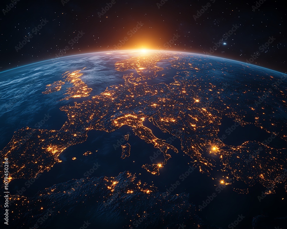 Poster concept of internet and global telecommunication technology with digital globe surrounded by orbits,