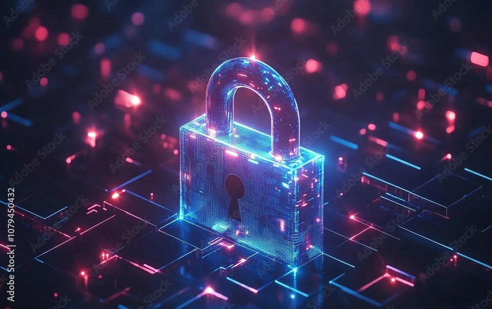 Poster cyber data confidentiality concept, top view perspective of a digital blue closed padlock on abstrac