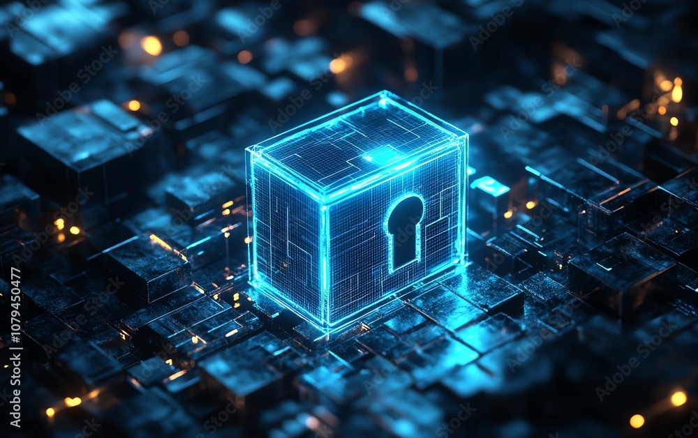 Poster cyber data confidentiality concept, top view perspective of a digital blue closed padlock on abstrac
