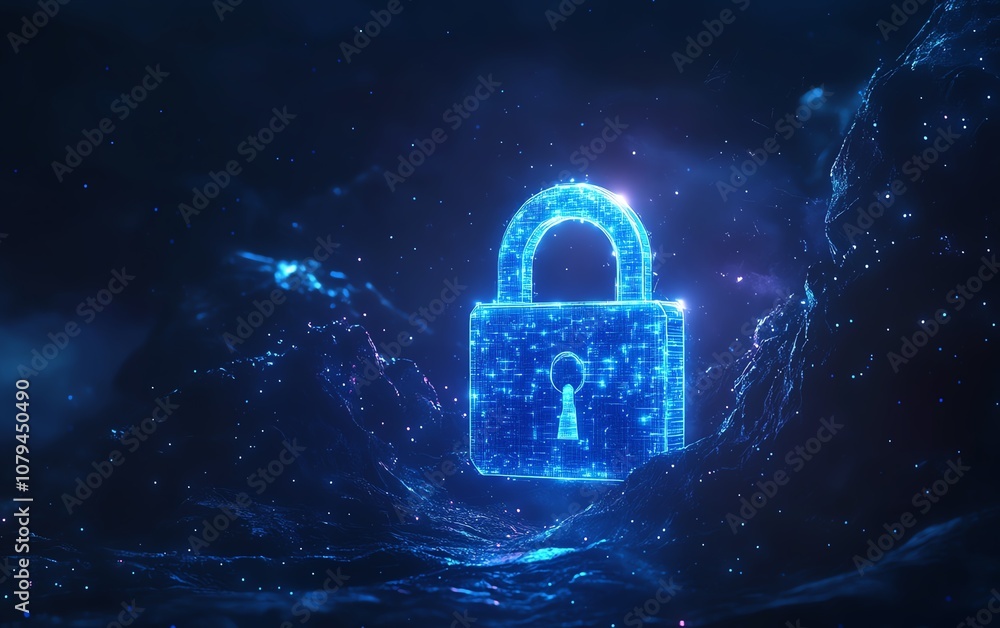 Poster cyber data confidentiality concept, top view perspective of a digital blue closed padlock on abstrac