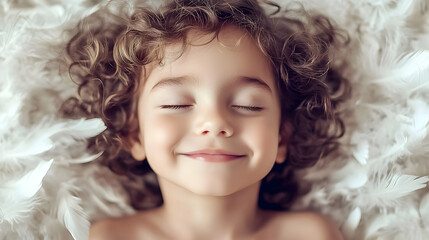 Fototapeta premium Peaceful Child with Curly Hair Serenely Sleeps on Soft White Feathers, Dreamlike Photo