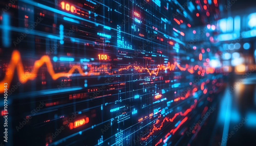 Poster digital business analytics with graphs and charts overlaid on a blurred laptop, technology and data 