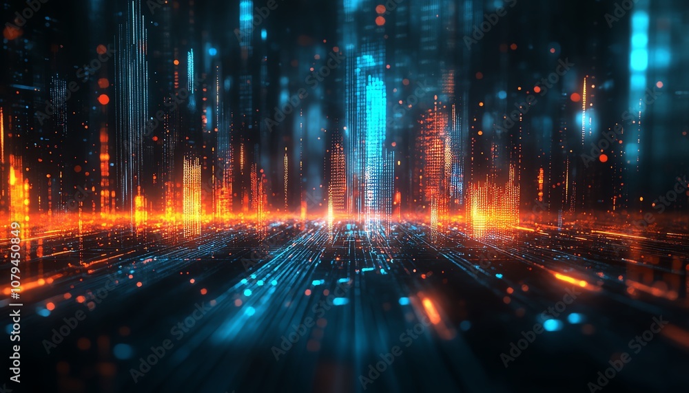 Poster digital business analytics with graphs and charts overlaid on a blurred laptop, technology and data 