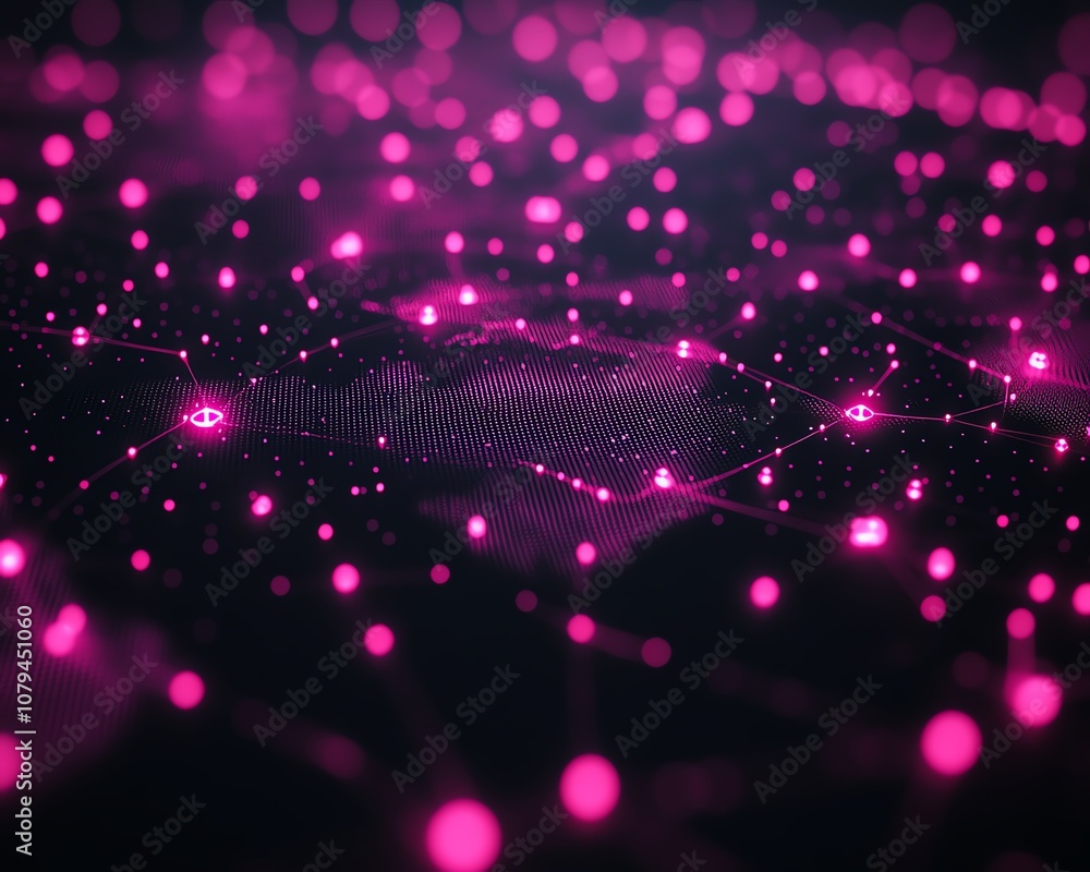 Poster digital node system software, 3d illustration of glowing pink node buttons connected on dark interfa
