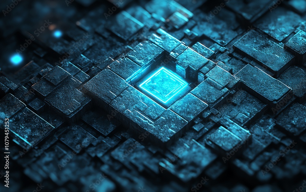 Poster digital security concept, 3d top view of blue closed padlock with glowing squares and triangles, cyb