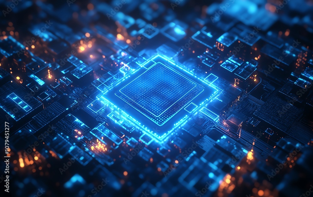 Poster digital security concept, 3d top view of blue closed padlock with glowing squares and triangles, cyb