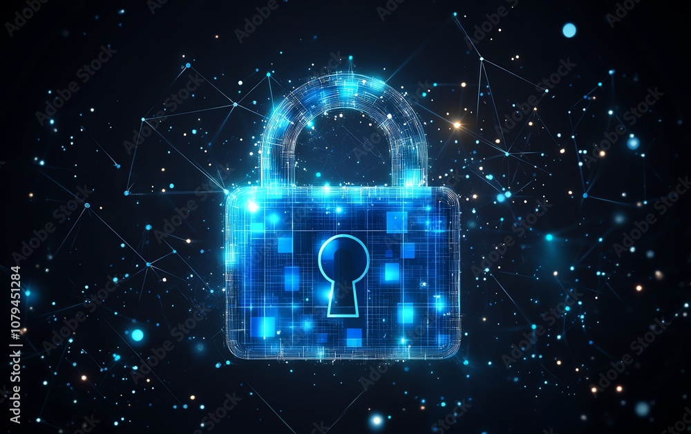Poster digital security concept, 3d top view of blue closed padlock with glowing squares and triangles, cyb