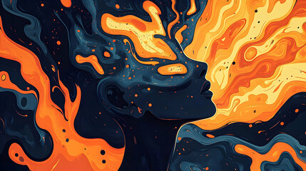 Abstract Digital Painting of a Face Emerging from Swirling Orange and Blue Liquid, a Surreal and Dreamlike Artwork
