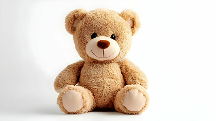 Obraz premium Adorable light brown teddy bear sits on white background, plush toy, soft fur, comforting friend.
