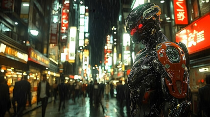 Naklejka premium Cybernetic Robot Stands in Rainy Neon City at Night; Futuristic Urban Scenery, Digital Art Illustration