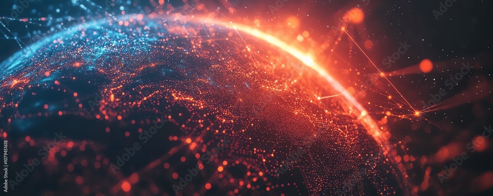 Poster futuristic digital world globe with interconnected lines and satellite orbits