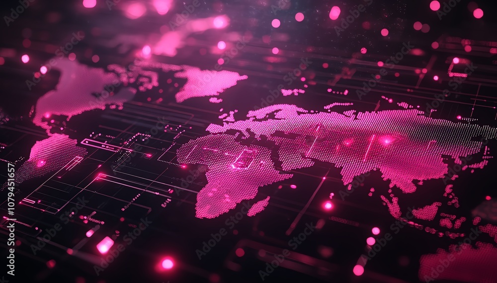Poster futuristic node network system, 3d pink node buttons on dark interface with world map contour and gl