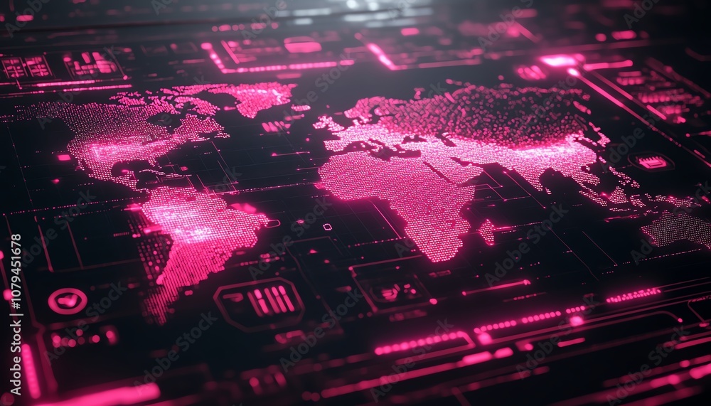 Poster futuristic node network system, 3d pink node buttons on dark interface with world map contour and gl