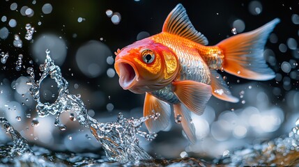 Energetic fish jump, mouth agape, water droplets highlighted