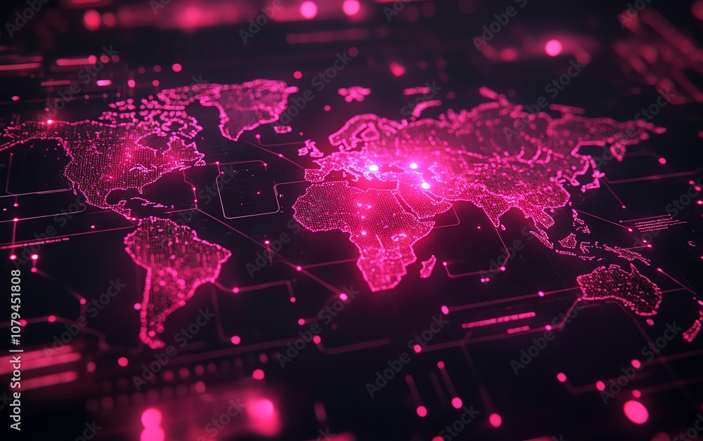 Poster futuristic node system software, 3d illustration of pink nodes on dark interface background with wor