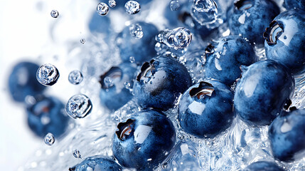 Juicy Blueberries Splashing in Refreshing Water: A Vibrant Close-up Photo of Blueberries Submerged and Surrounded by Water Droplets, Creating a Dynamic and Appealing Image.