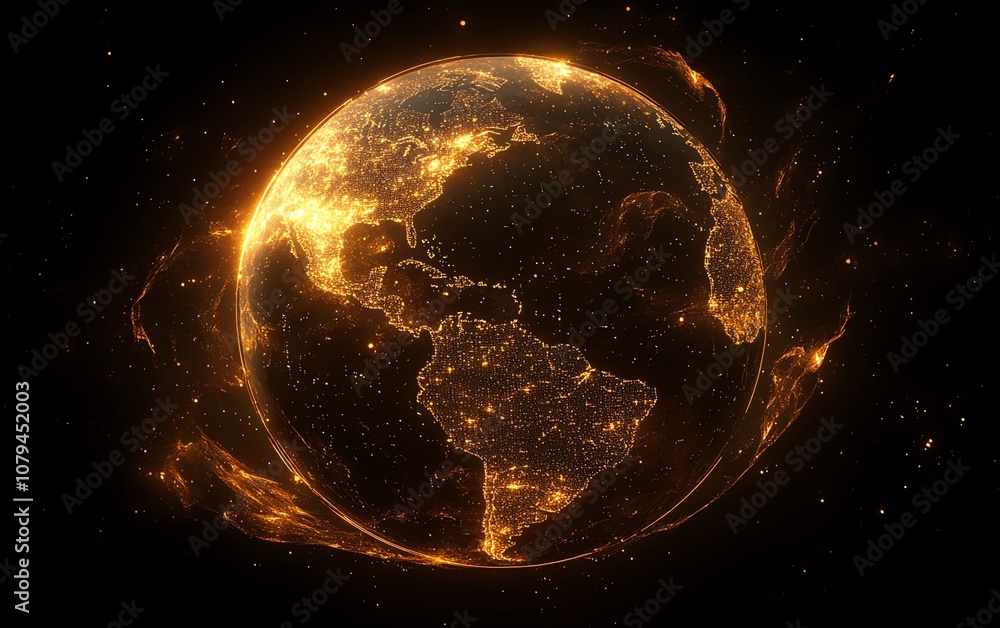 Poster hightech globe with digital satellite paths, abstract dark background, modern internet and telecommu