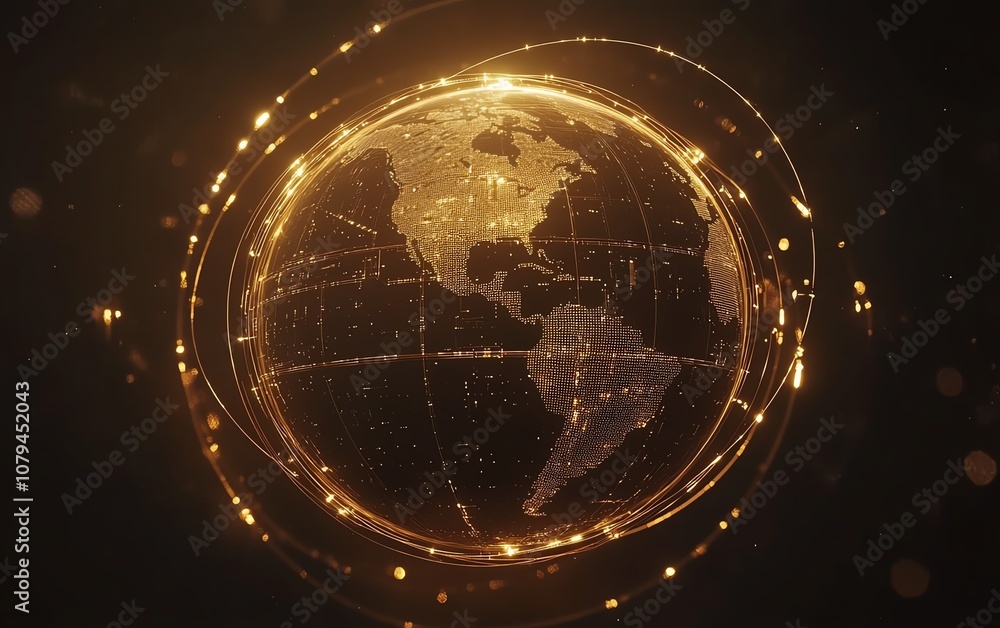 Poster hightech globe with digital satellite paths, abstract dark background, modern internet and telecommu