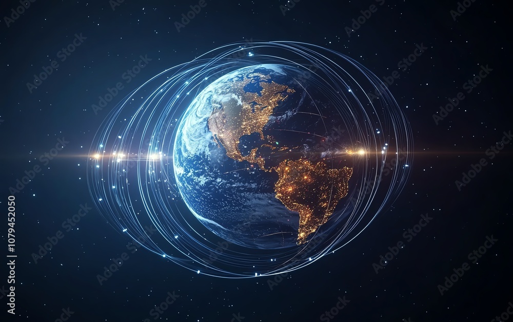 Poster hightech globe with digital satellite paths, abstract dark background, modern internet and telecommu
