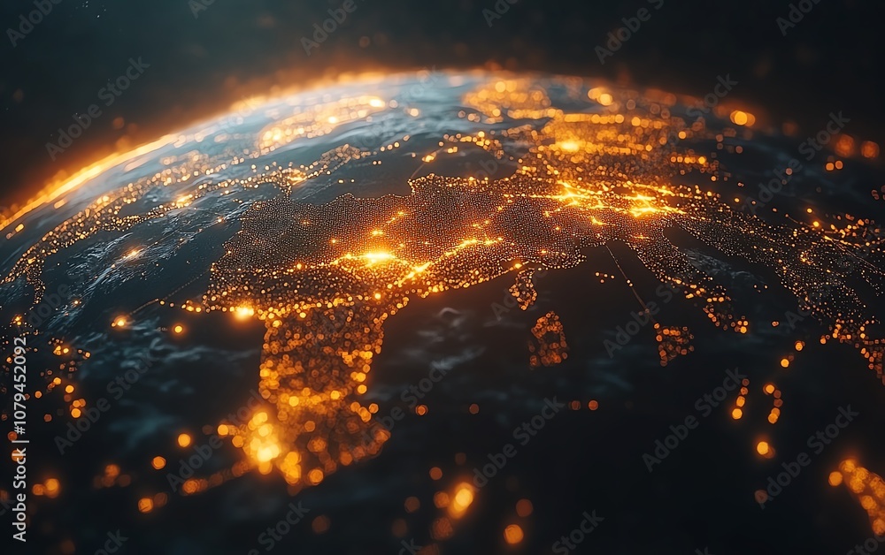 Poster hightech globe with digital satellite paths, abstract dark background, modern internet and telecommu