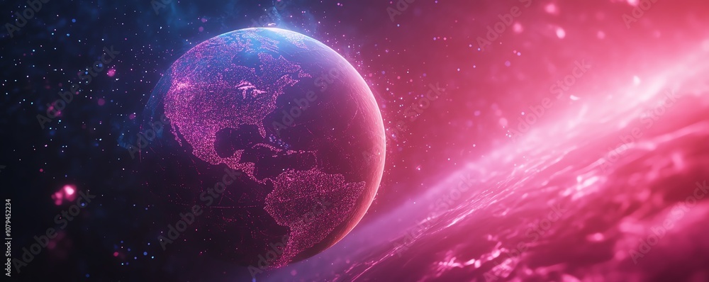 Poster modern internet and telecom technology concept, digital globe with orbit lines, abstract background,