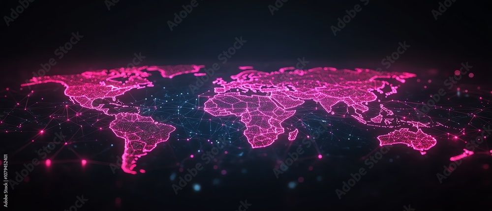 Poster node system software illustration, pink node buttons connected in network on dark technological inte