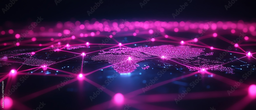 Poster node system software illustration, pink node buttons connected in network on dark technological inte