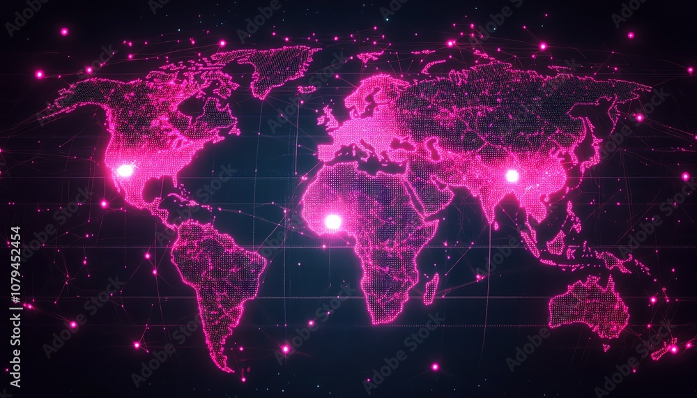 Poster node system software with pink nodes, 3d rendering on dark technological interface background with w