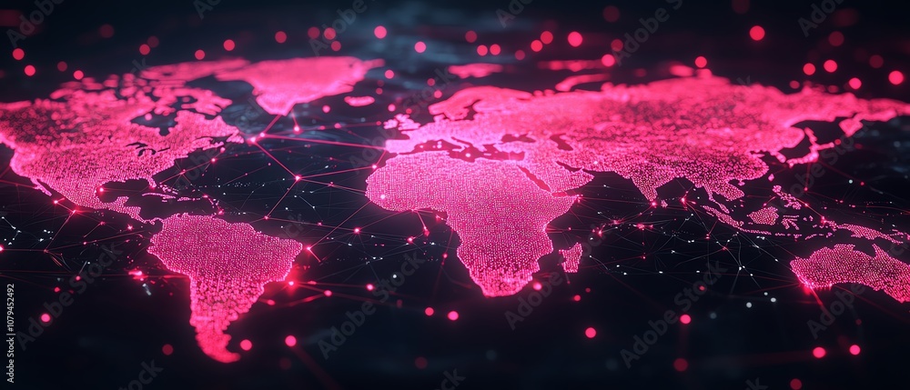 Poster node system software illustration, pink node buttons connected in network on dark technological inte