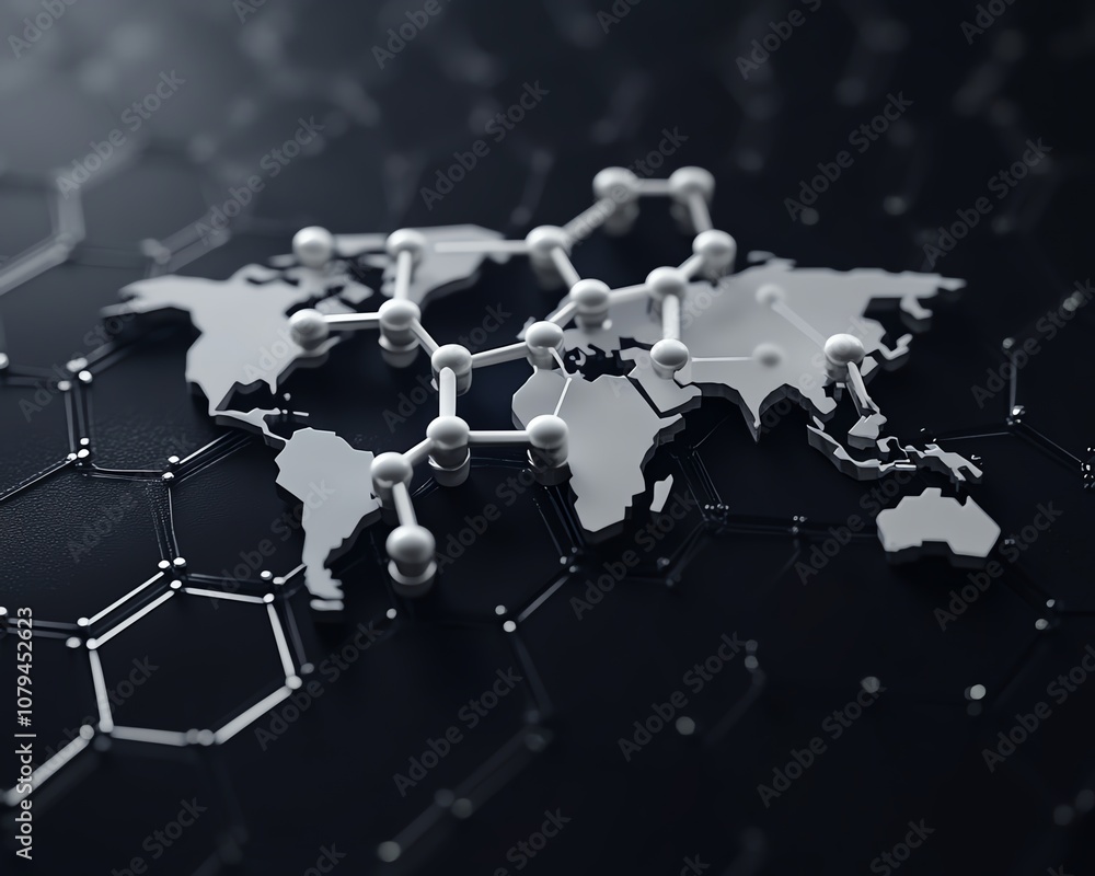 Poster science and environment education, 3d rendering of white molecular formulas and hexagonal world map 