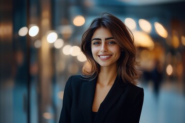 Obraz premium Portrait of a beautiful, smiling business woman in a modern office, wearing a black suit and blazer with a blurred background - Generative AI 